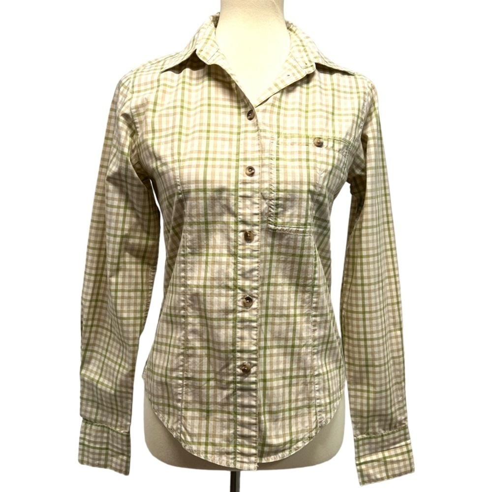 Filson Cotton Tan & Green Plaid Long Sleeve Button Front Shirt Women’s Small
